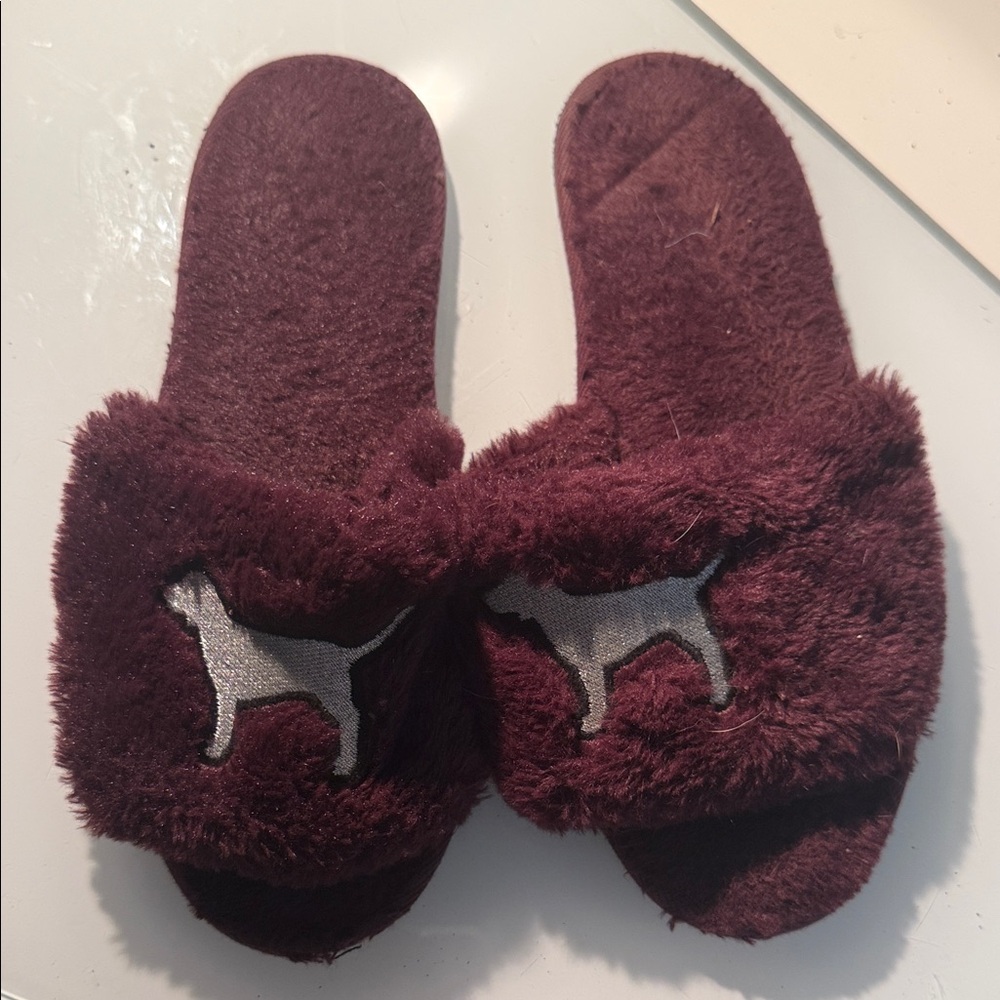 PINK Victoria's Secret Maroon Slippers with Dog Design
